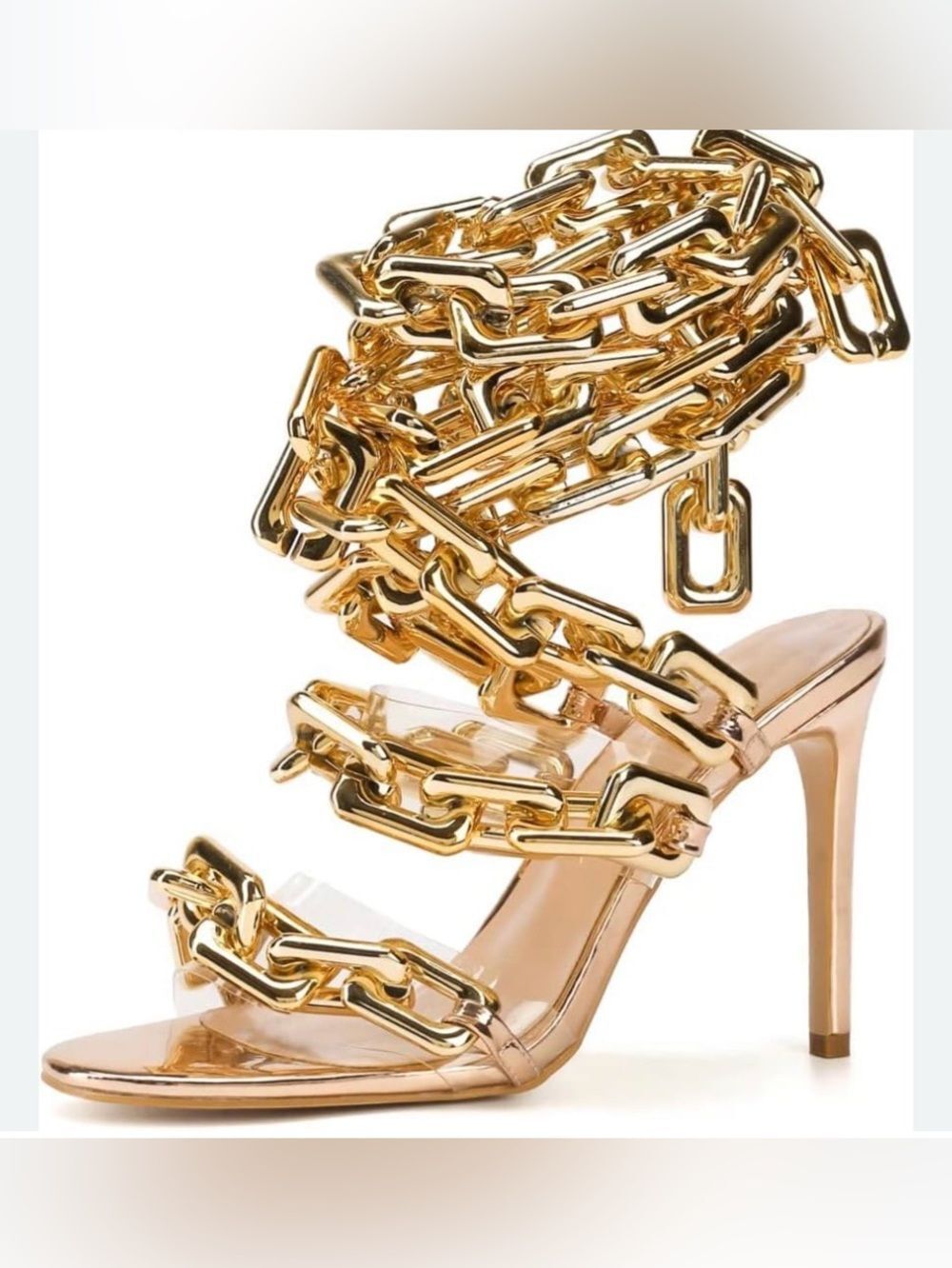 Shane Justin Money Links Gold Chain Stiletto Open Toe Sandal Heels EU 36 US 6